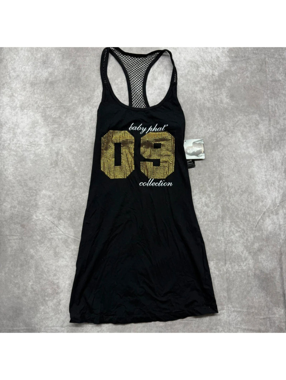 NWT Vintage Baby Phat Small Black Gold Rhinestone Tank Dress Mesh Back